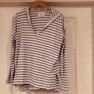 Stripped Grey and Navy V-Neck Hoodie. AMO- Large